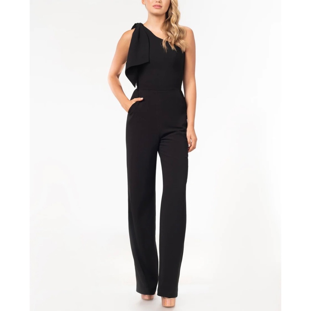 Dress the Population Tiffany One Shoulder Jumpsuit, Black, size Medium
